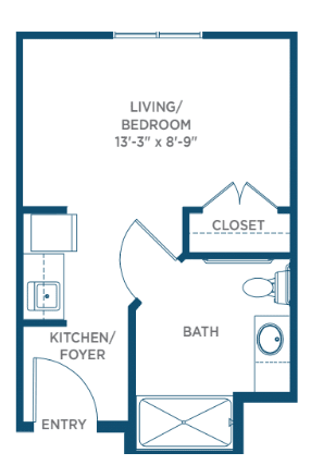 Studio apartment floor plan with designated living/bedroom, kitchen, bath, and closet areas.