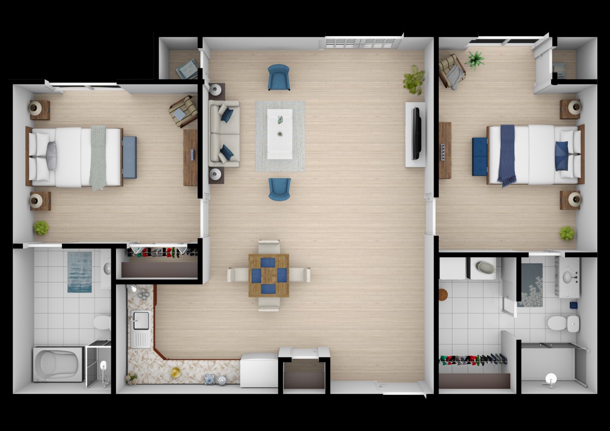 A detailed floor plan of a modern apartment featuring an open living area with a kitchen and dining space, two bedrooms, and a bathroom.