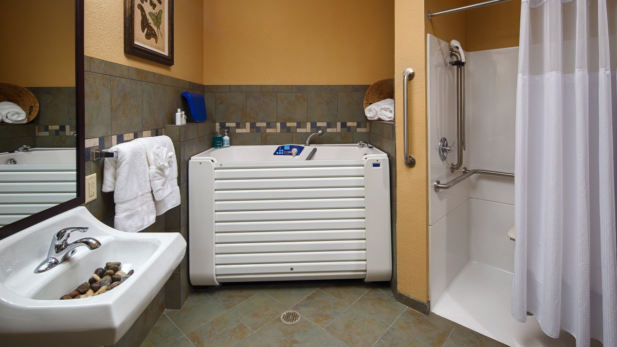 An accessible bathroom featuring a specialized bathtub and shower with handrails.