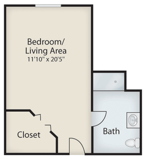 Studio apartment floor plan showing bedroom/living area, closet, and bath.