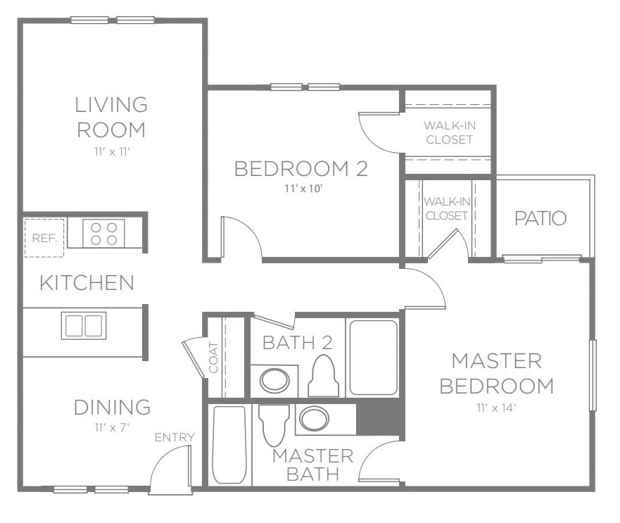 An architectural floor plan of a two-bedroom apartment featuring a master bedroom with an ensuite bathroom, a second bedroom, kitchen, dining area, living room, and patio.