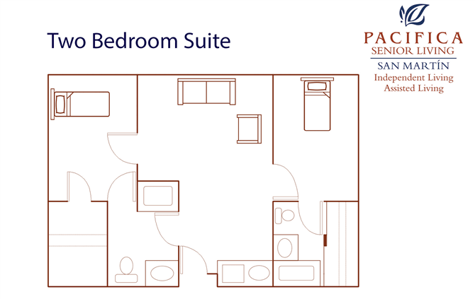 A floor plan of a one-bedroom suite showing the layout of rooms and furniture.