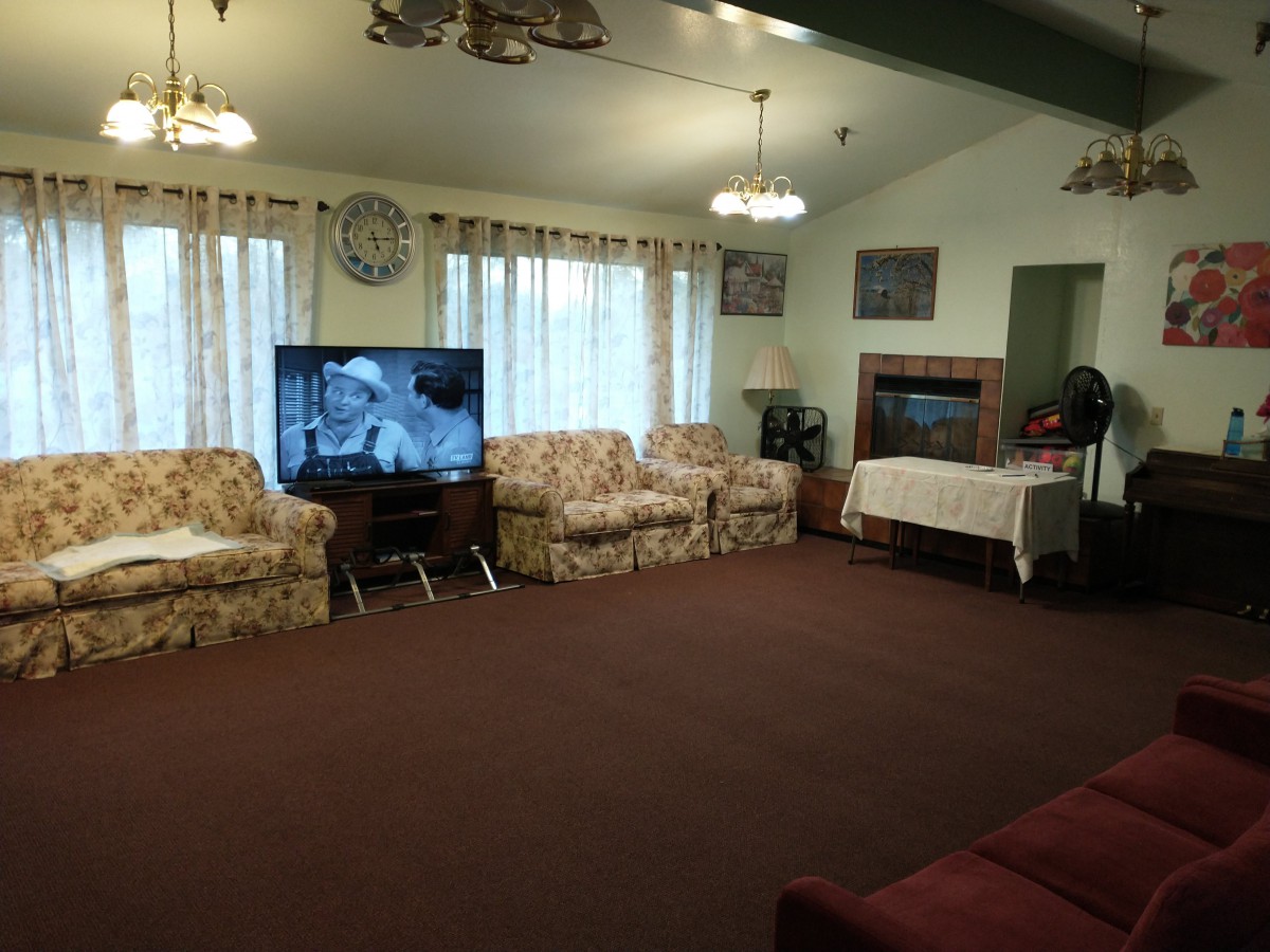 A cozy living room with patterned sofas, a television, and ample lighting.