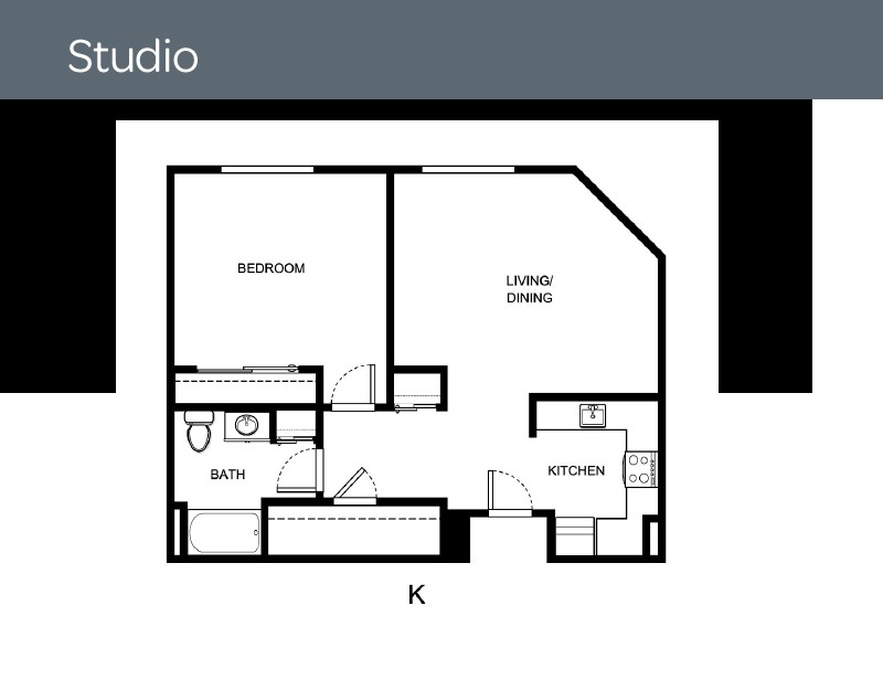 Studio apartment floor plan layout.