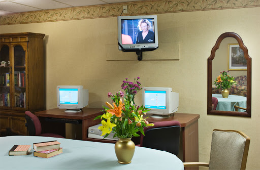 A cozy office space featuring two computers, a television mounted on the wall, and a colorful flower vase.