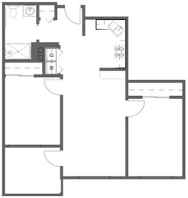 A simple apartment floor plan with multiple rooms and basic amenities.