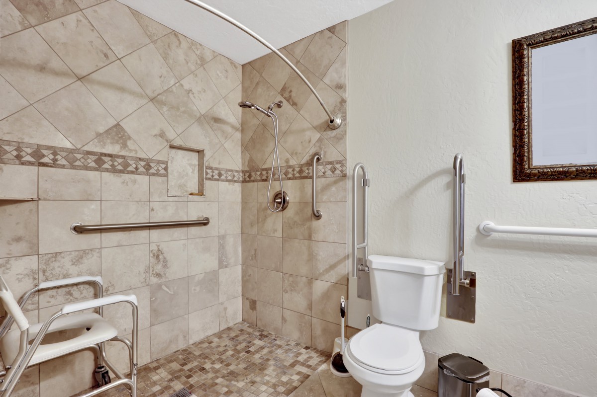 An accessible bathroom with a shower, toilet, and grab bars for safety.