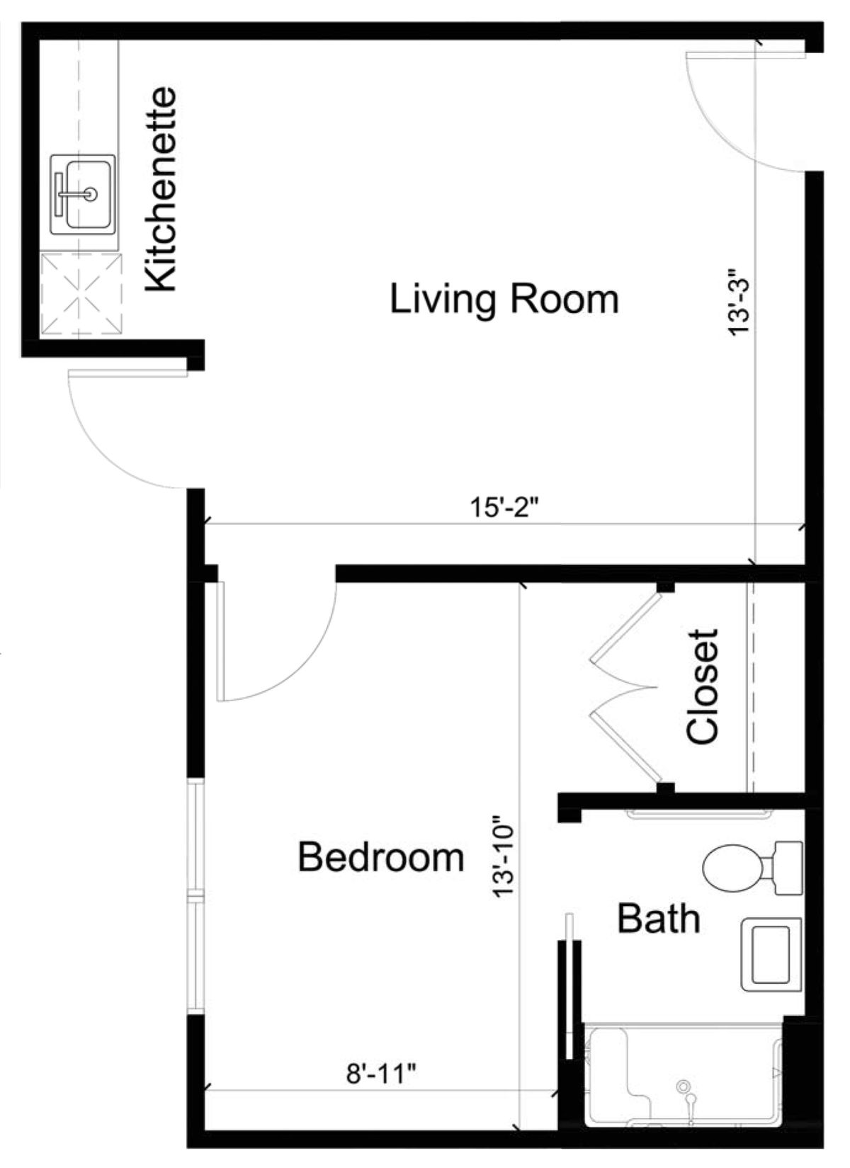 Floor plan of a one-bedroom apartment featuring a living room, kitchen, bathroom, and closet.