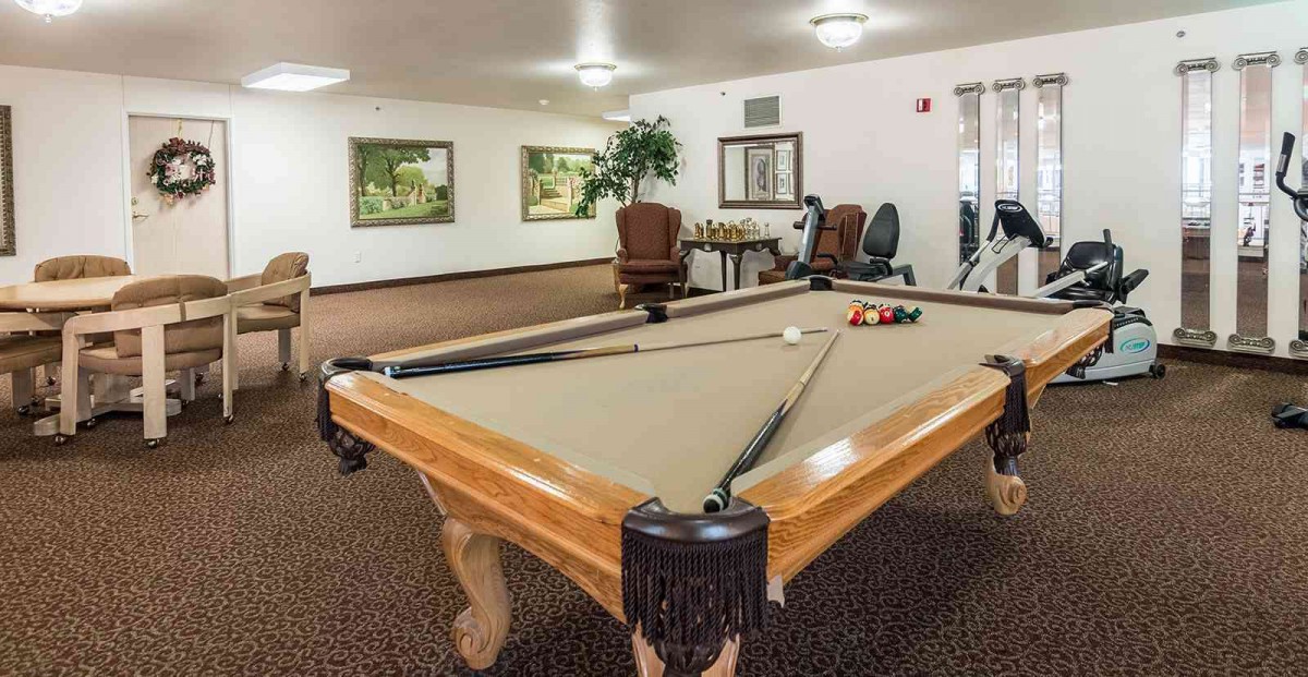 A recreation room featuring a pool table with cues and balls ready for play.