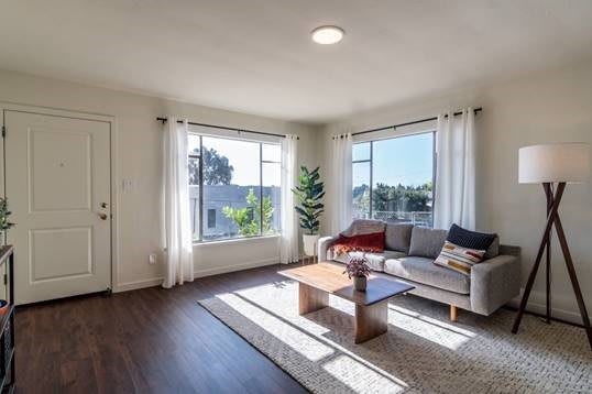 A bright and modern living room with large windows, wood flooring, and minimalist decor.