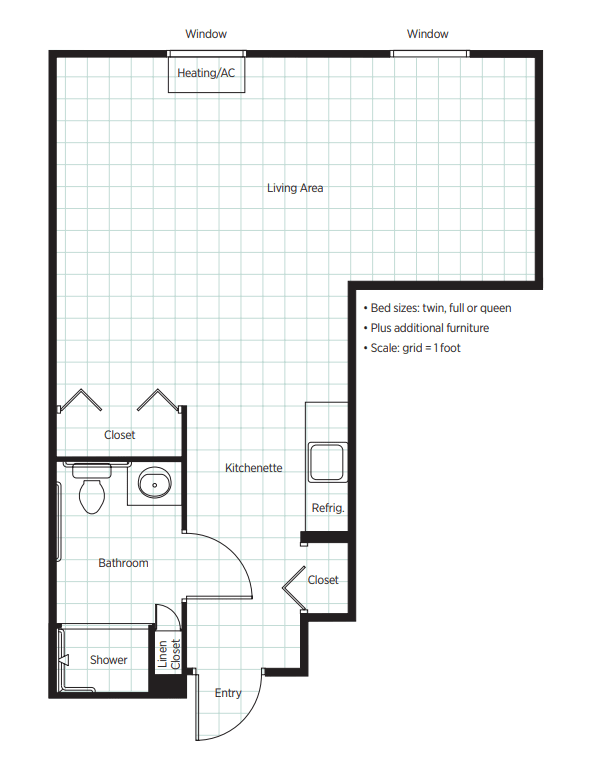 A detailed floor plan of an apartment unit with designated living and bedroom areas.