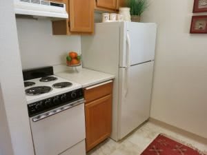 A compact kitchen with a refrigerator, stove, and wooden cabinets.