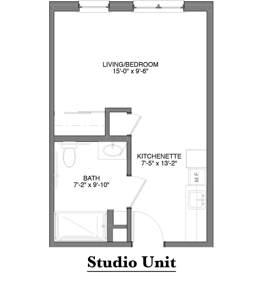 A floor plan of a studio unit showing the layout of living room, kitchen, and bathroom areas.