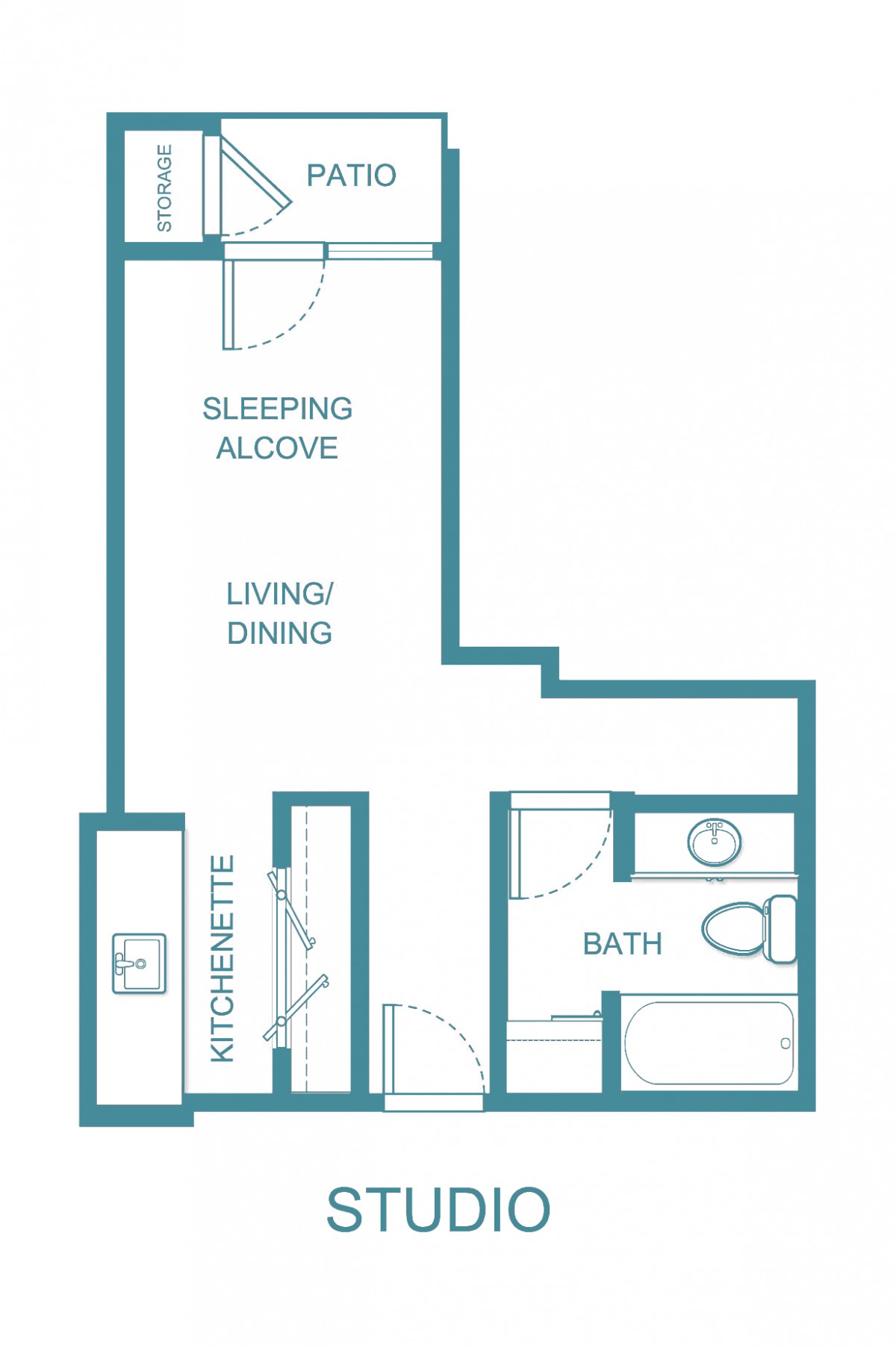 Studio apartment floor plan layout.