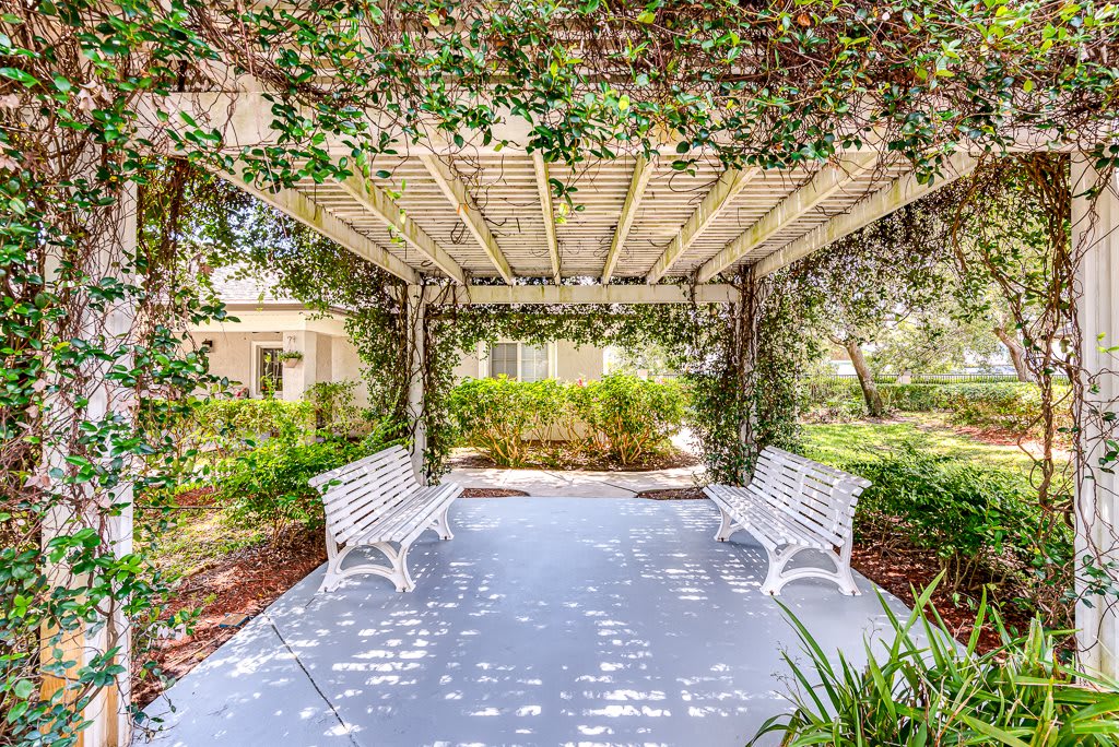 A tranquil garden pergola with benches, adorned with lush greenery and vines.