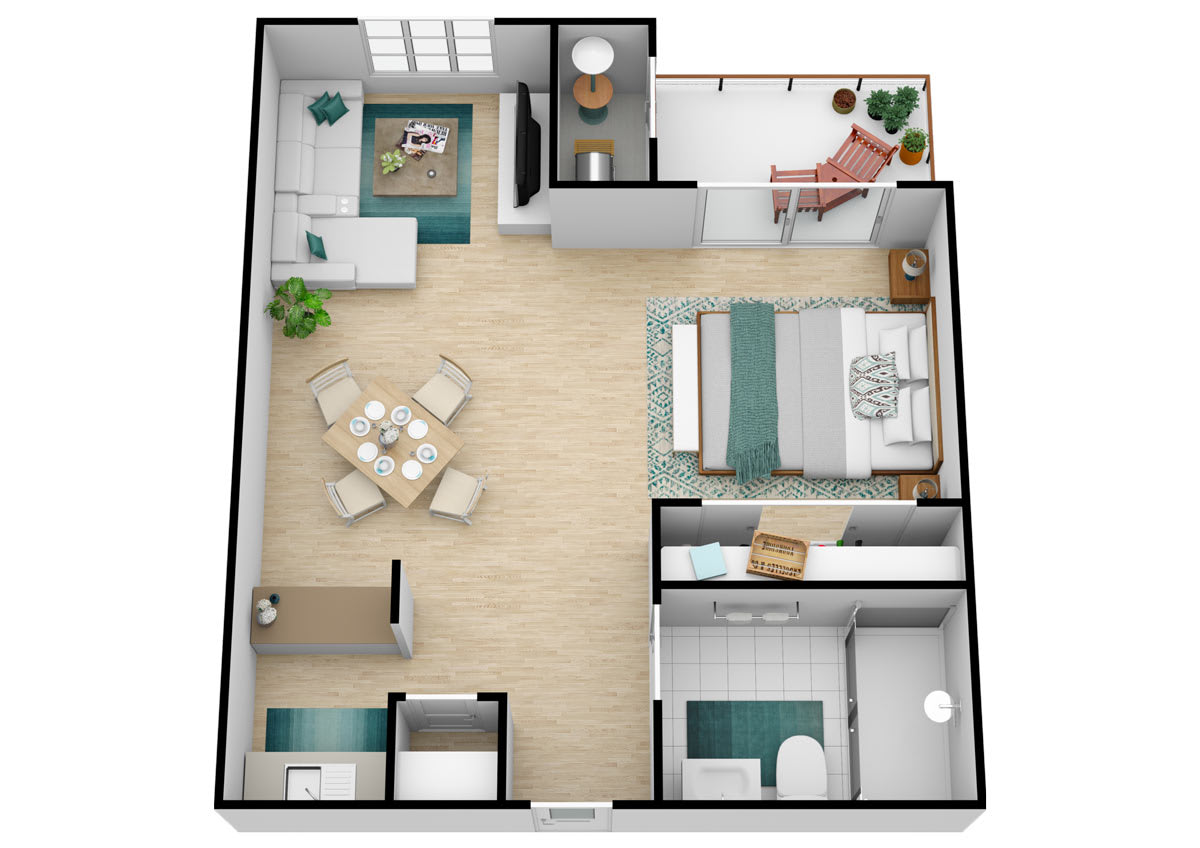 A 3D floor plan of a one-bedroom apartment featuring a spacious living room, kitchen, dining area, bathroom, and a balcony.