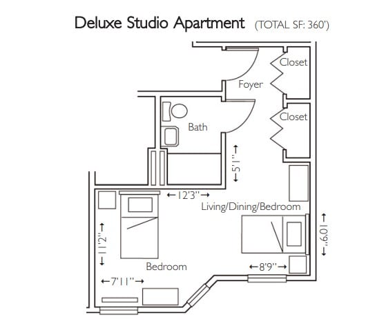 Floor plan of a Deluxe Studio Apartment with an area of 348 sq. ft.