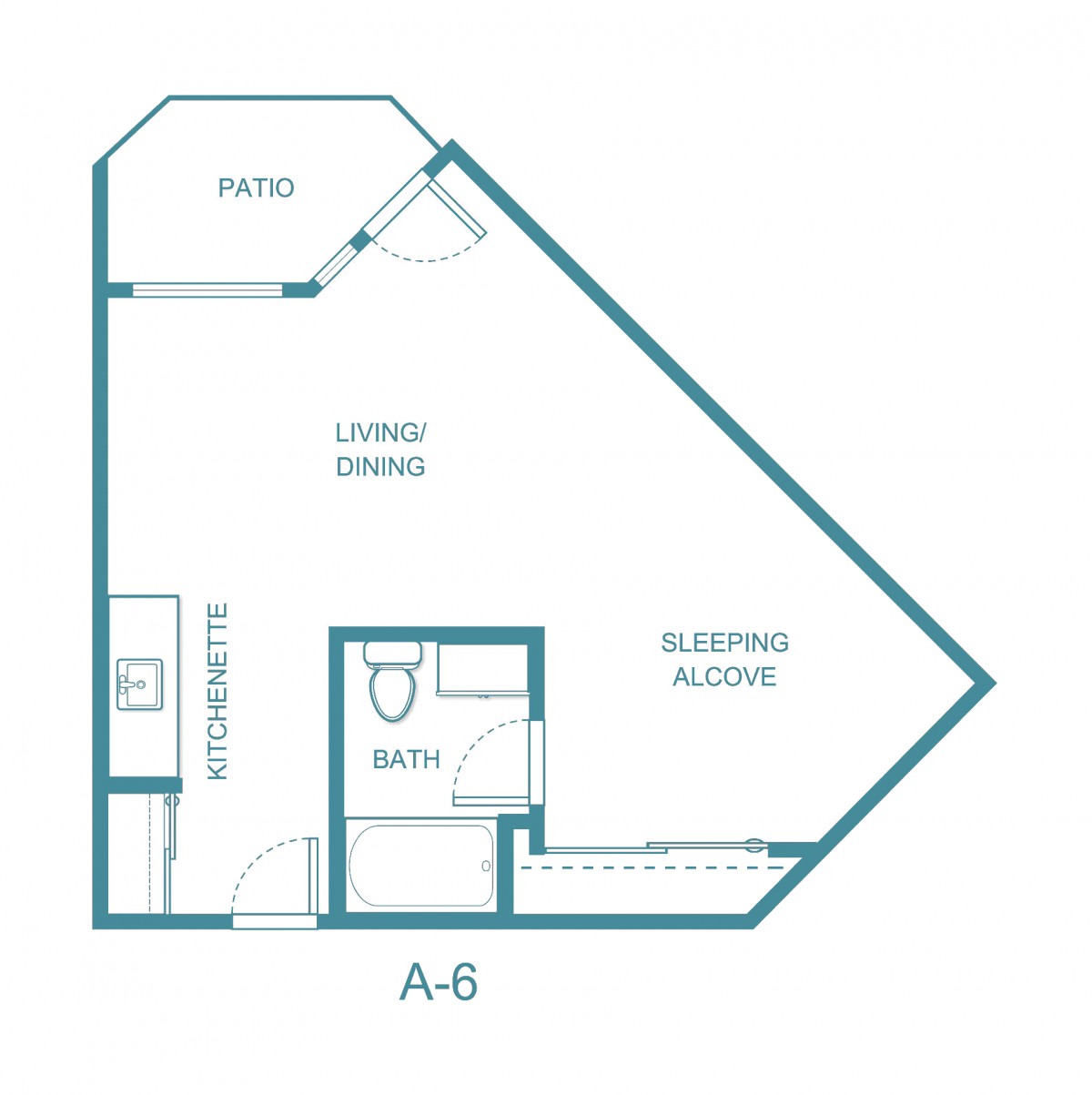 A floor plan of a studio apartment with a living/dining area, kitchen, bathroom, sleeping alcove, and patio.