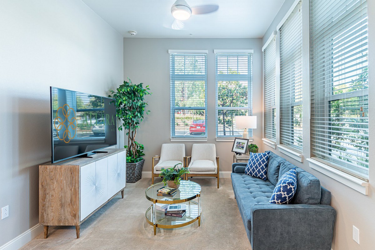 A modern and cozy living room with natural light, featuring a blue sofa, television, and accent chairs.