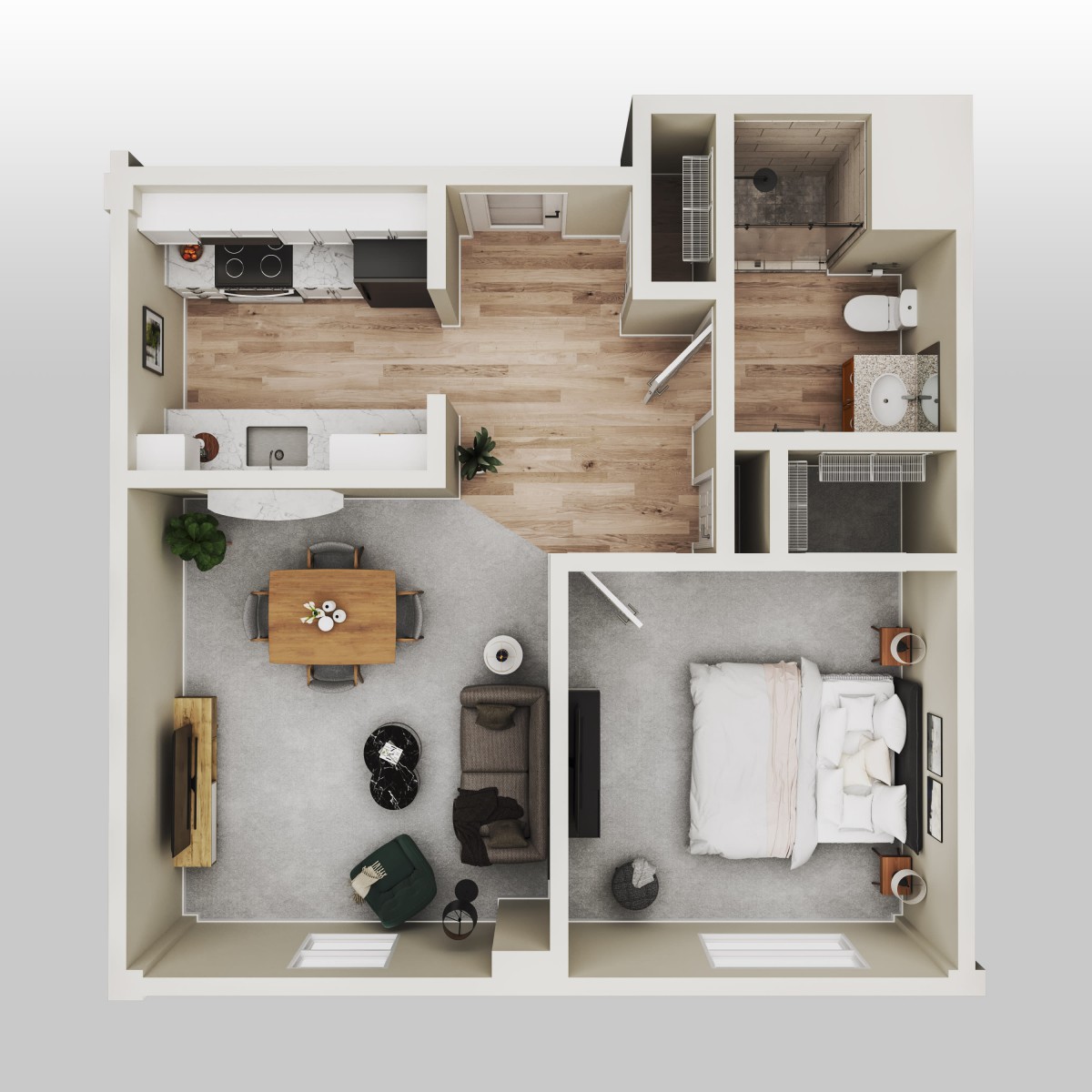 A 3D rendered floor plan of a one-bedroom apartment, featuring a living area, kitchen, bathroom, and bedroom.