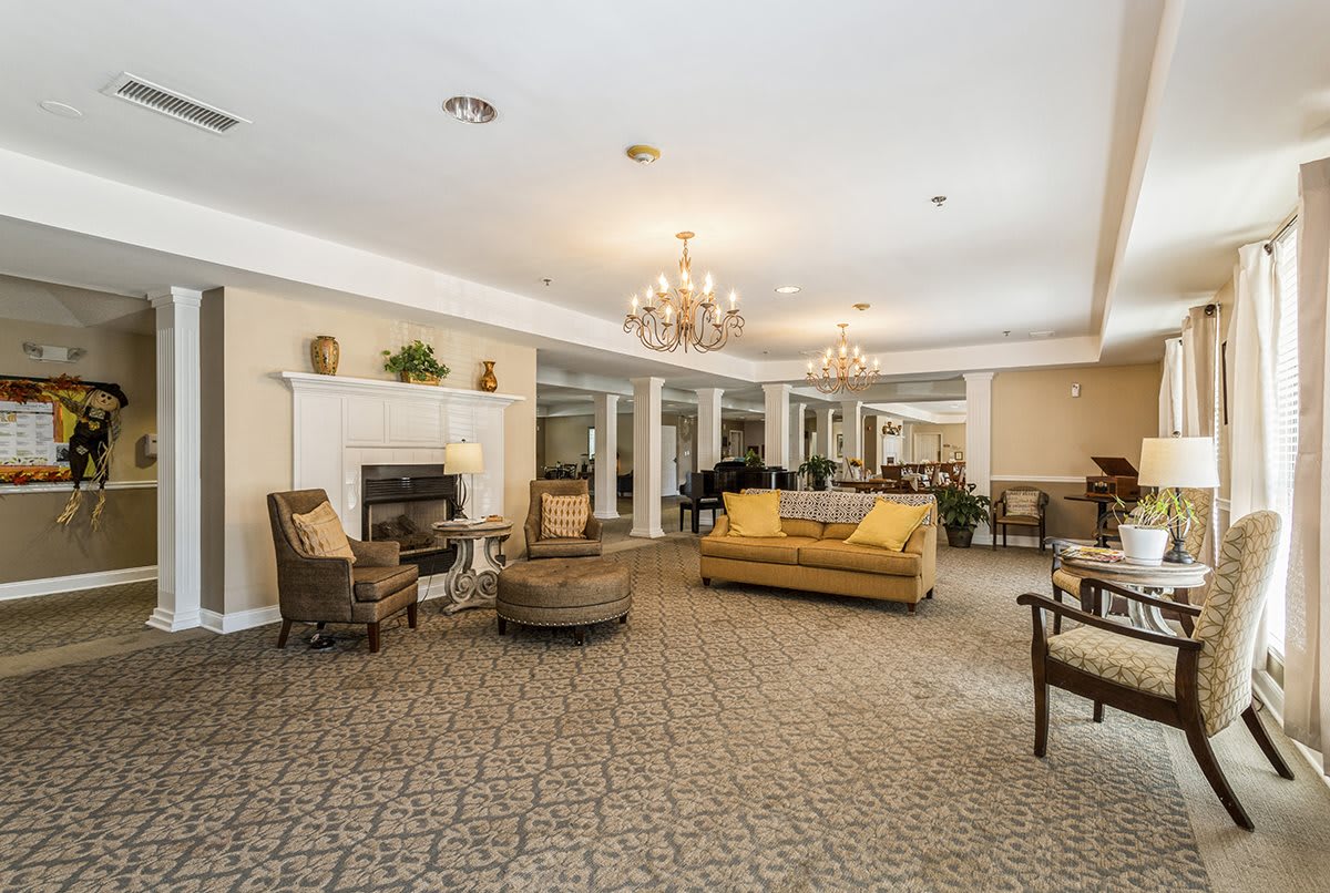 A luxurious living room with elegant chandeliers, comfortable seating, and a cozy fireplace.