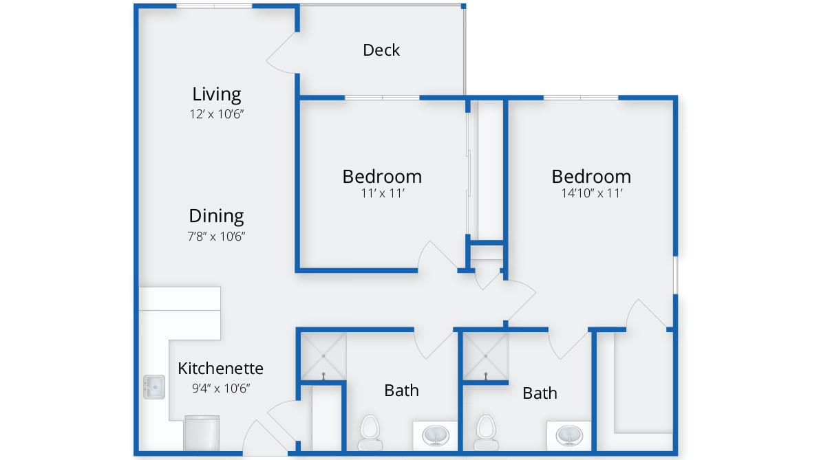 A floor plan showing a living area, dining room, two bedrooms, a kitchenette, and two bathrooms.