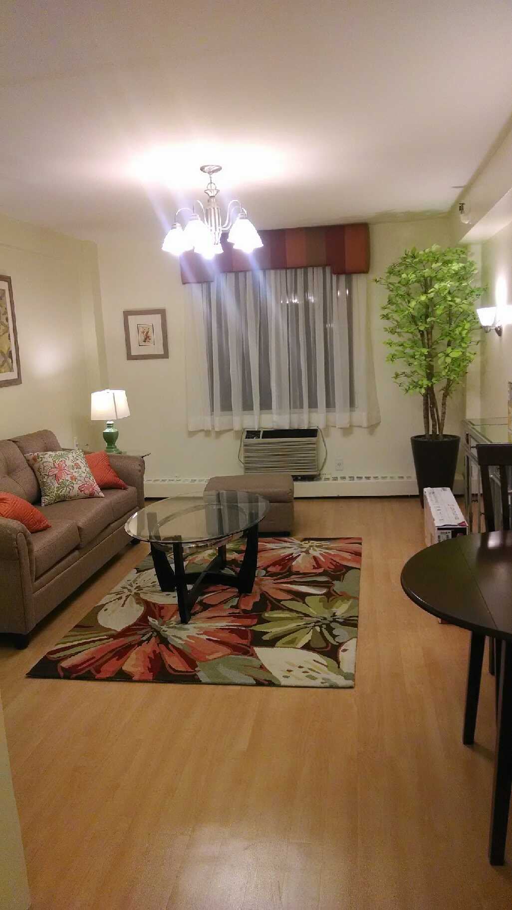 Cozy living room with a stylish sofa, vibrant rug, and elegant decor.