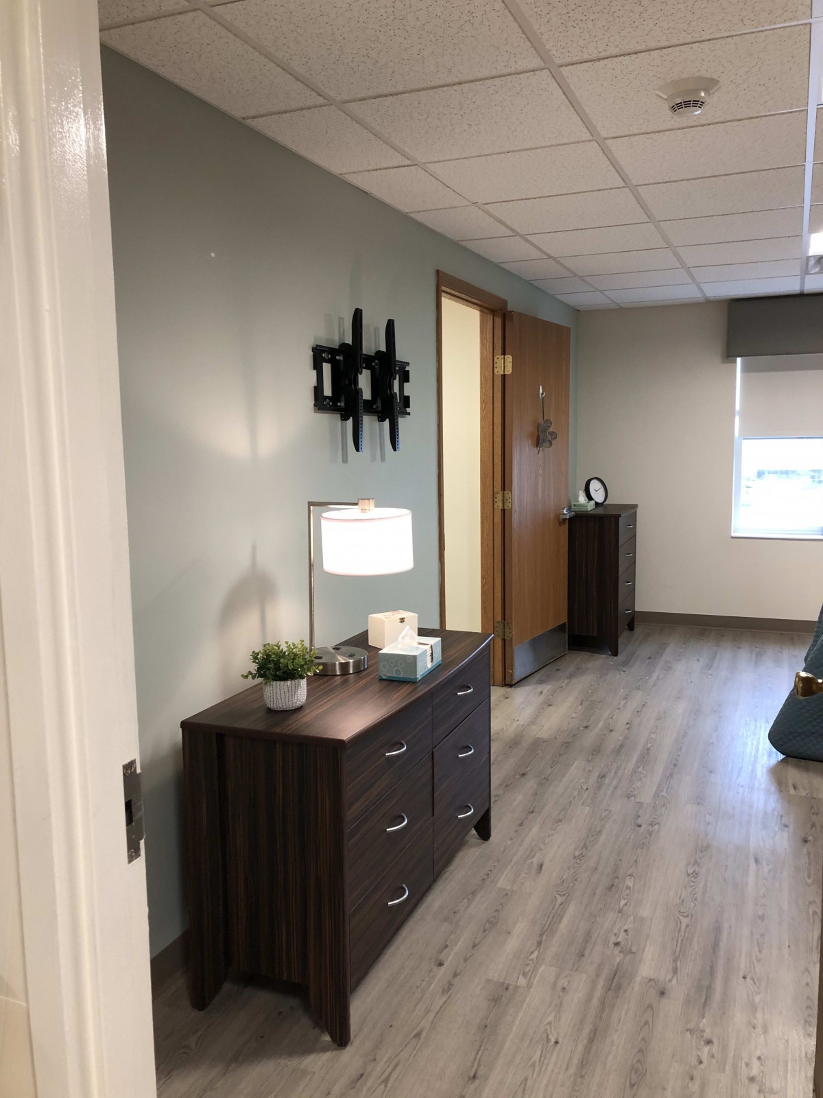 A modern office interior with stylish furniture and decor.