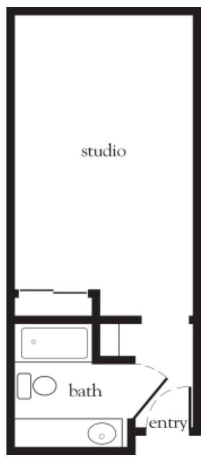 A simple floor plan of a studio apartment.