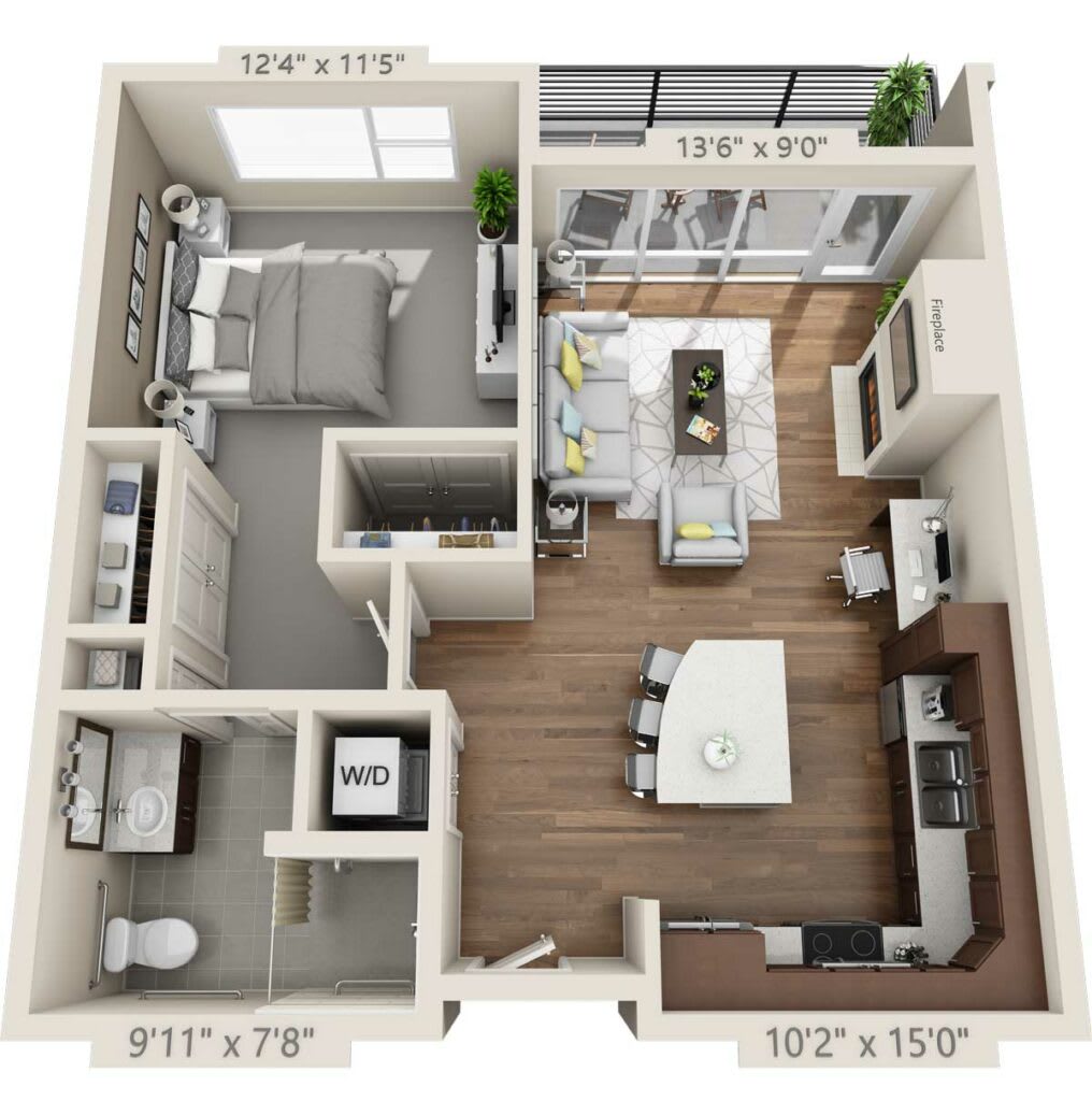 A modern one-bedroom apartment floor plan with an open kitchen and living area.