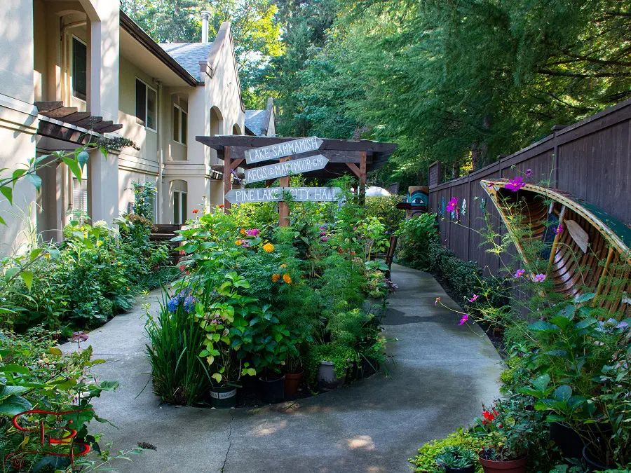 A lush garden pathway surrounded by vibrant plants and greenery.