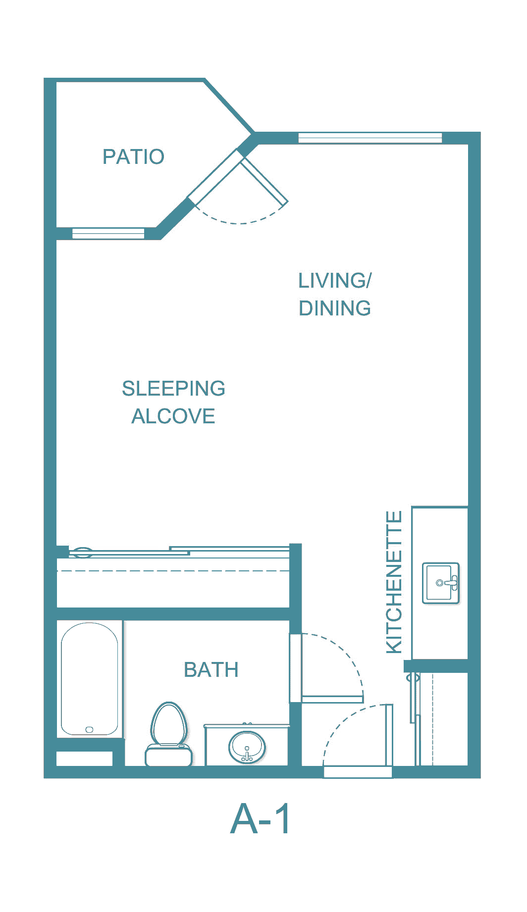 Studio apartment floor plan with living/dining area, sleeping alcove, kitchenette, and bathroom.