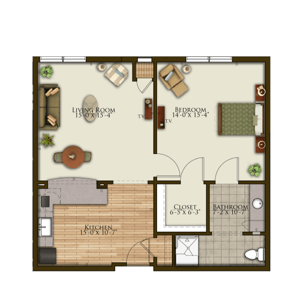 A simple floor plan of an apartment showing room arrangements including a living room, kitchen, bedroom, and bathroom.