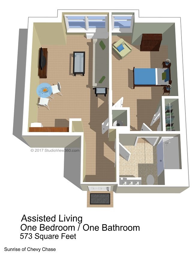 3D floor plan of an assisted living apartment showing a bedroom, bathroom, and common areas.