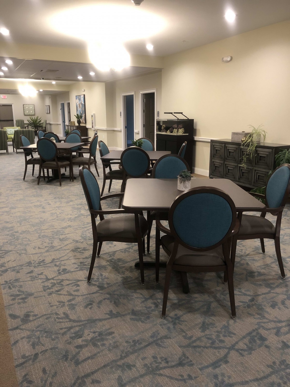 An indoor dining area with multiple tables and chairs arranged on a carpeted floor, complemented by overhead lighting and decorative plants.