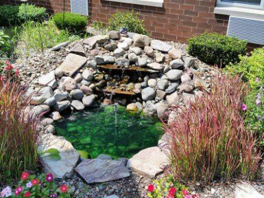 A small garden pond surrounded by rocks and plants with a cascading waterfall feature.