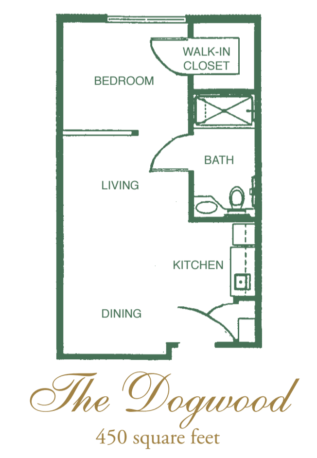 A floor plan depicting a one-bedroom apartment layout with designated areas for living, dining, kitchen, and bath.