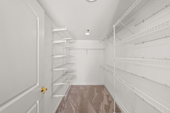 An empty walk-in closet with white shelves and a wooden floor.