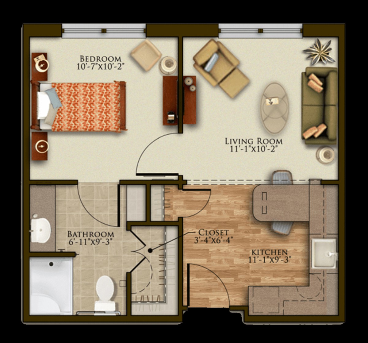 A one-bedroom apartment floor plan featuring a living room, kitchen, and bathroom.