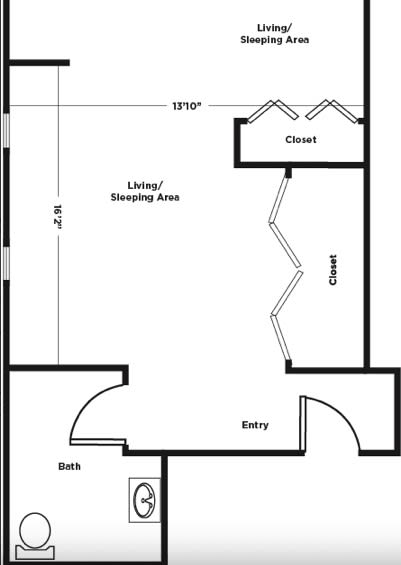 A floor plan layout featuring a living/sleeping area, closet, and bathroom.