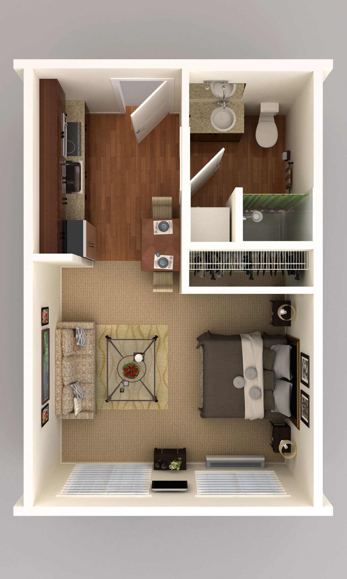 A 3D floor plan of a one-bedroom apartment including a living room, kitchen, and bathroom.
