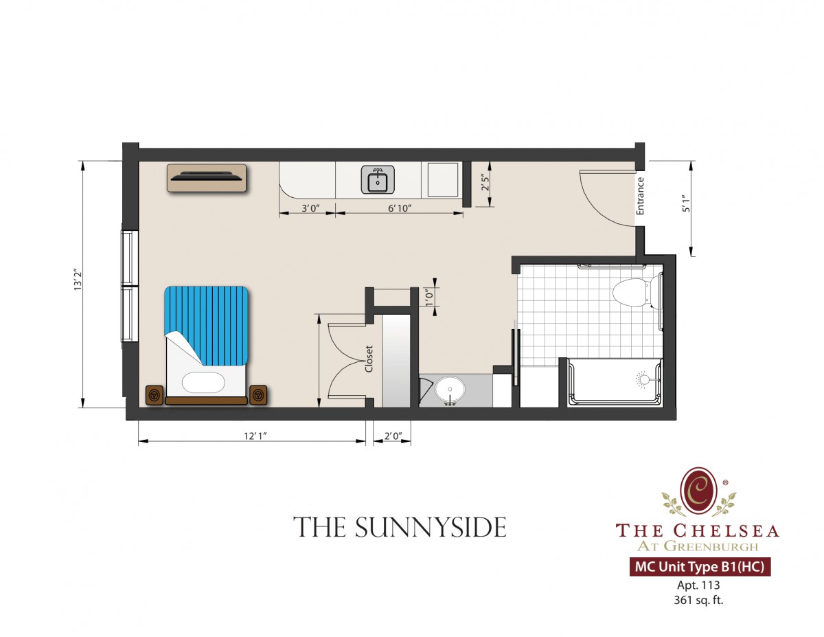 Floor plan of a studio apartment named 'The Sunnyside'.