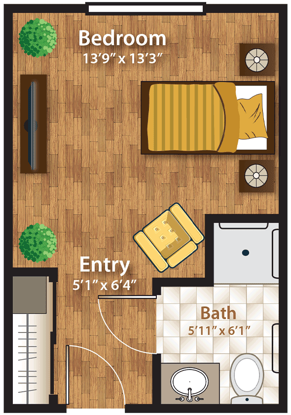 A compact apartment floor plan featuring a bedroom, bathroom, and entry area.
