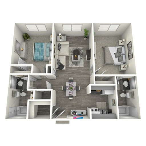An overhead view of a modern apartment layout showcasing the arrangement of various rooms.