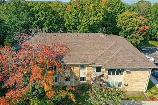 A cozy residential building surrounded by vibrant autumn foliage.