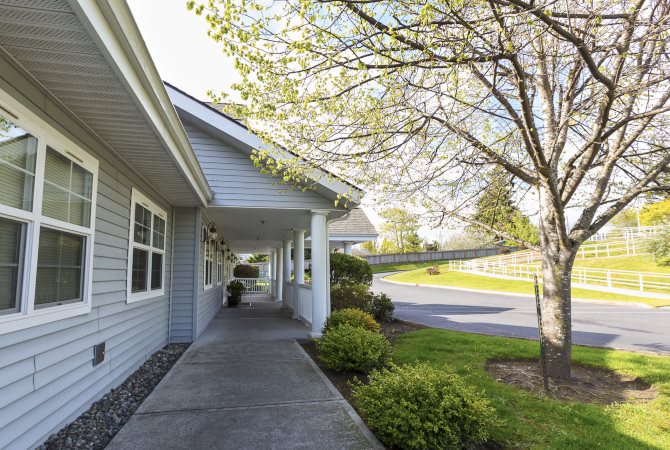 A peaceful view of a building exterior with a sidewalk lined by trees and bushes.