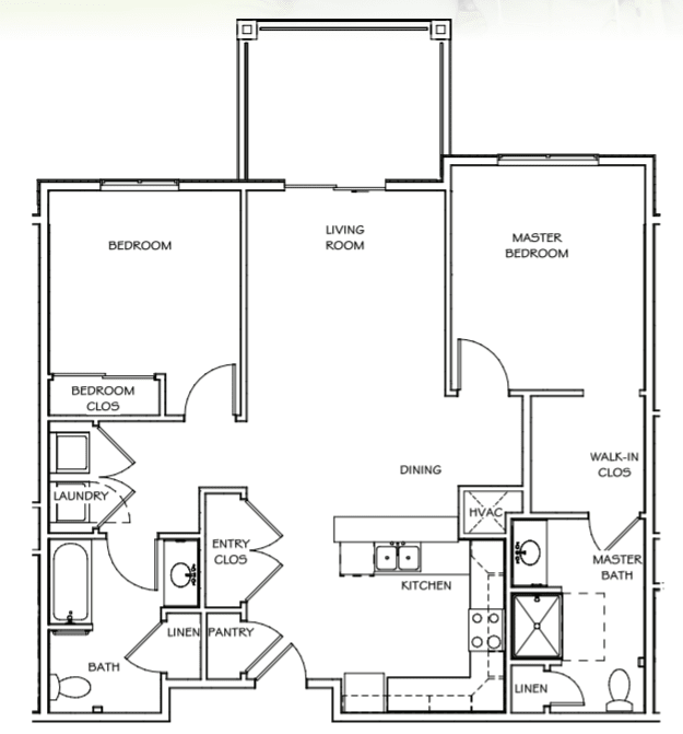 A detailed floor plan of an apartment featuring two bedrooms, a living room, and kitchen area.