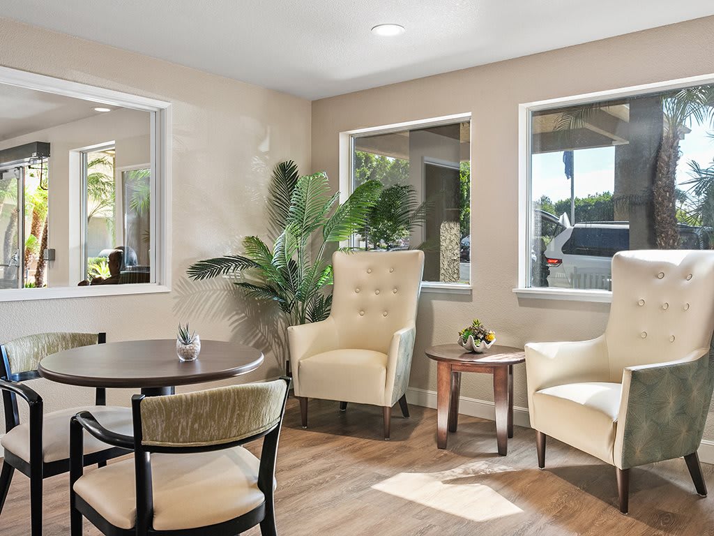 A cozy waiting room with comfortable chairs, a small table, and natural light filtering through the windows.