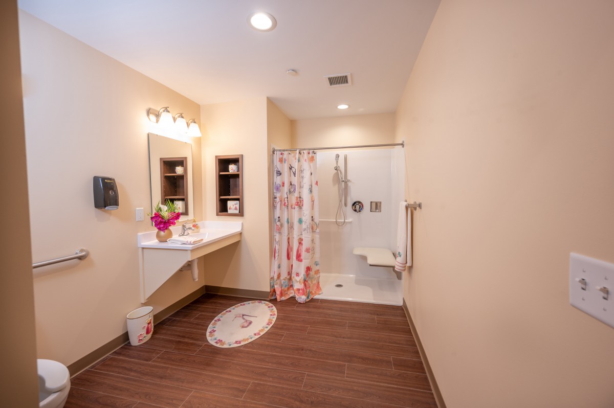A spacious, handicap accessible bathroom with a shower and a brightly lit vanity area.