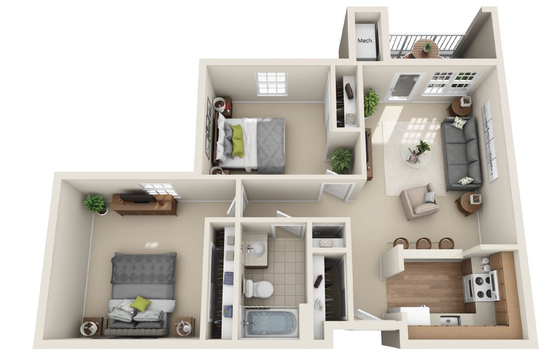 A 3D floor plan of an apartment showing two bedrooms, a bathroom, living area, and kitchen.